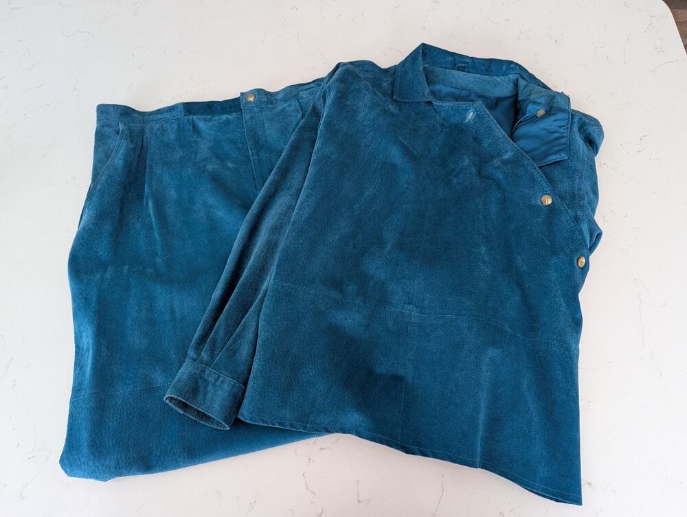 Vtg Silverado Teal Leather Suede Skirt Jacket Top Size M 12 Southwestern Cowgirl